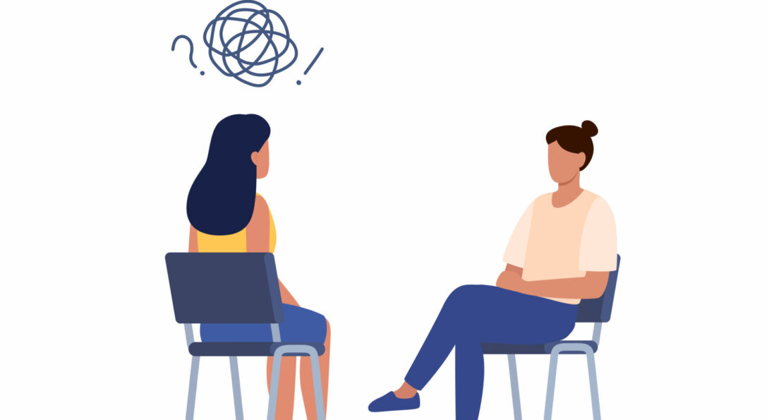 Client and therapist, with question mark and exclamation point surrounding symbol of tangled thoughts about client’s head