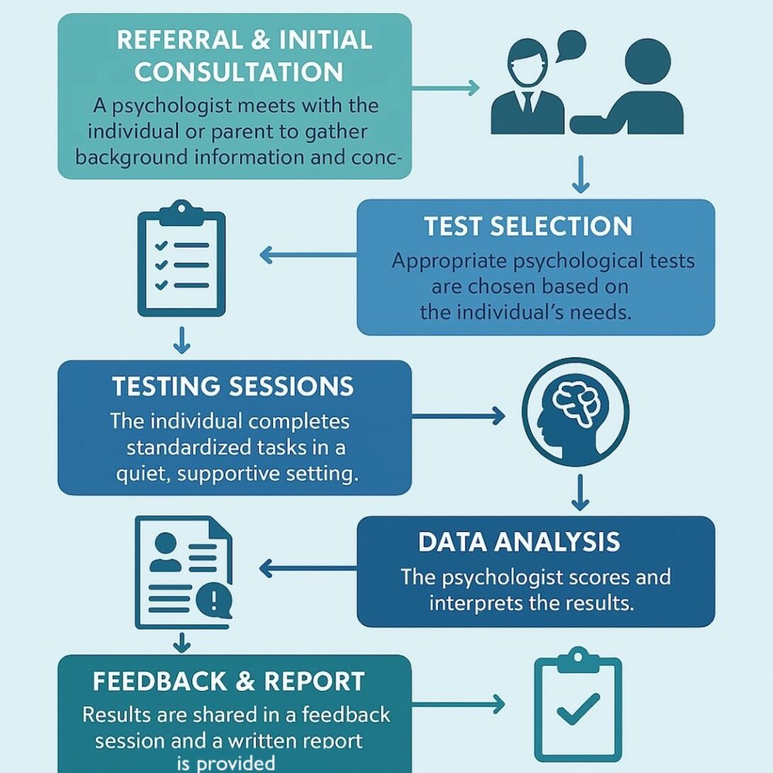 Flow chart of assessment process from referral + consultation, test selection, testing sessions, data analysis, and feedback + report